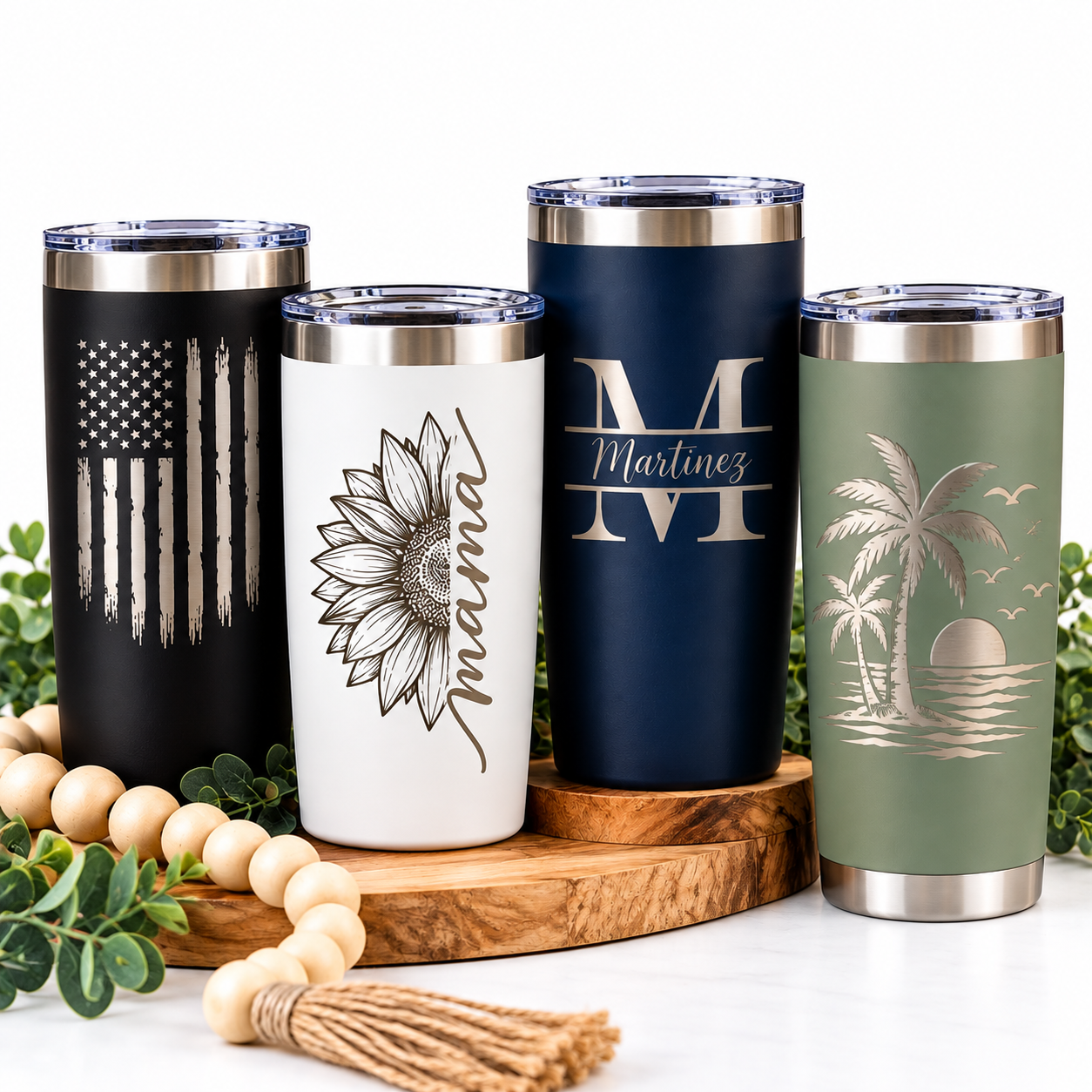 Personalized 20 oz laser engraved tumblers, sample designs