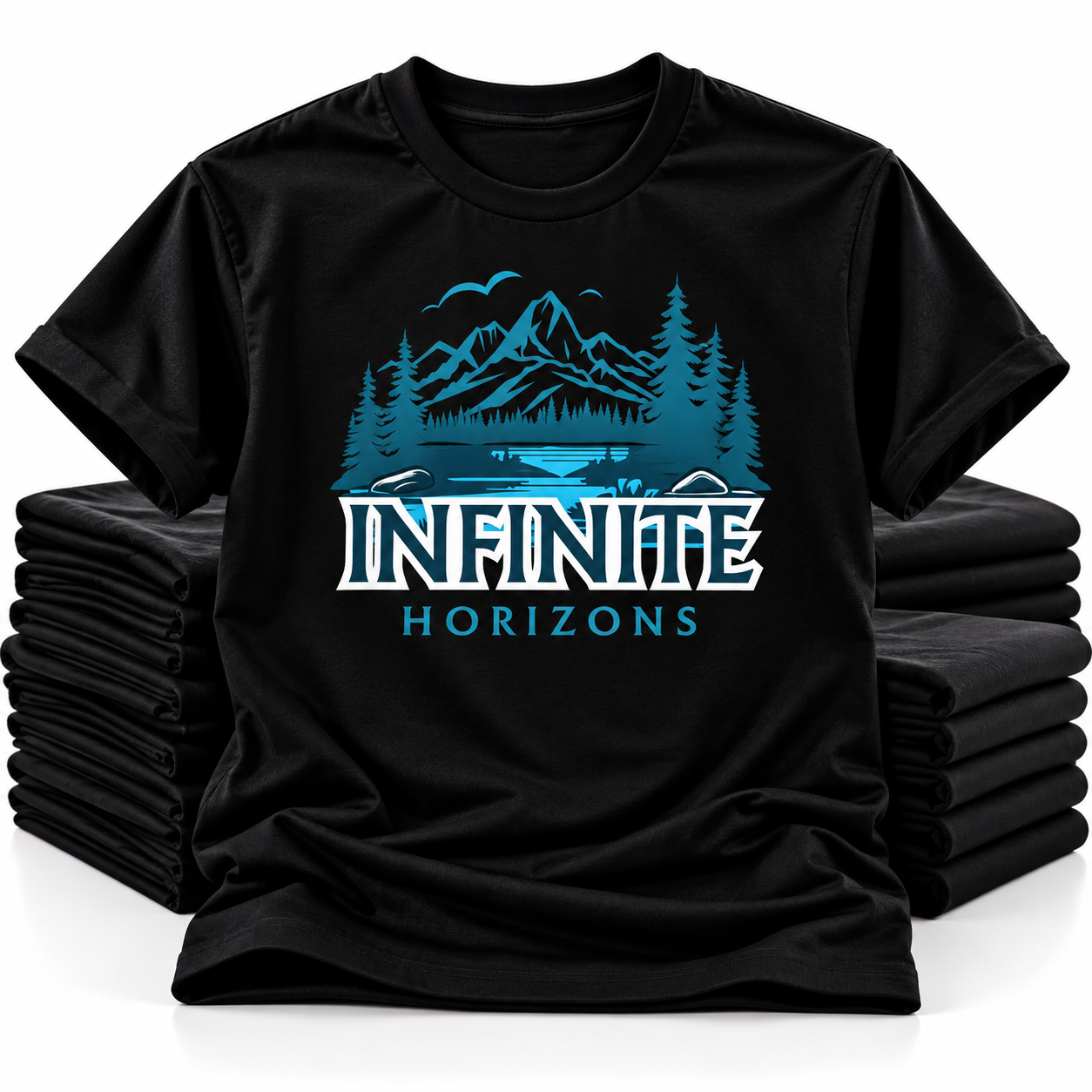 Infinite Horizons branded custom printed black T-shirt with folded bulk apparel stacks