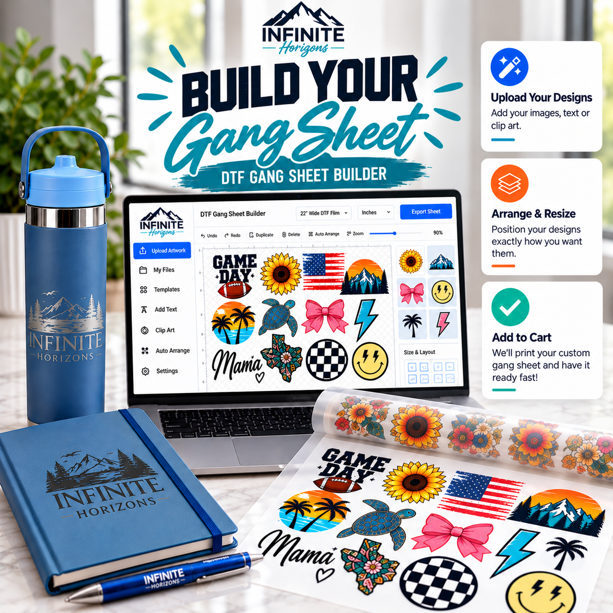 Build Your DTF Gang Sheet with laptop design builder, Infinite Horizons blue tumbler and journal, and printed DTF transfers