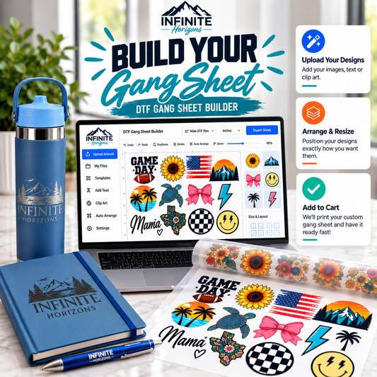 Build Your DTF Gang Sheet with laptop design builder, Infinite Horizons blue tumbler and journal, and printed DTF transfers