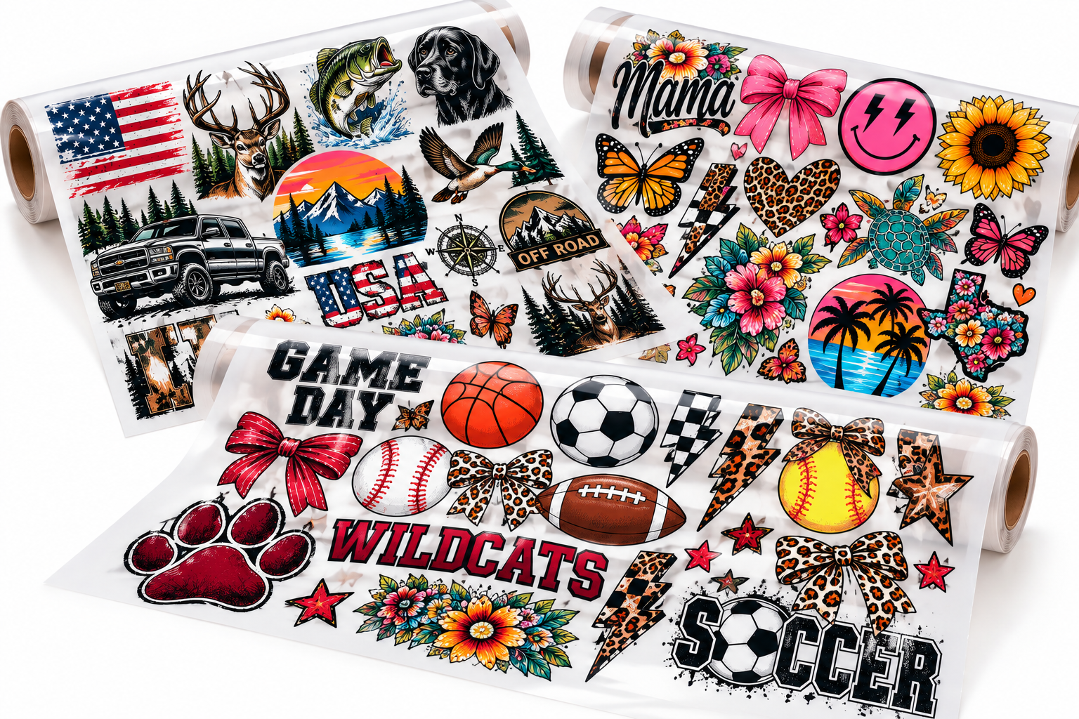 Three finished DTF gang sheets with sports, outdoor, and custom apparel designs on a white studio background